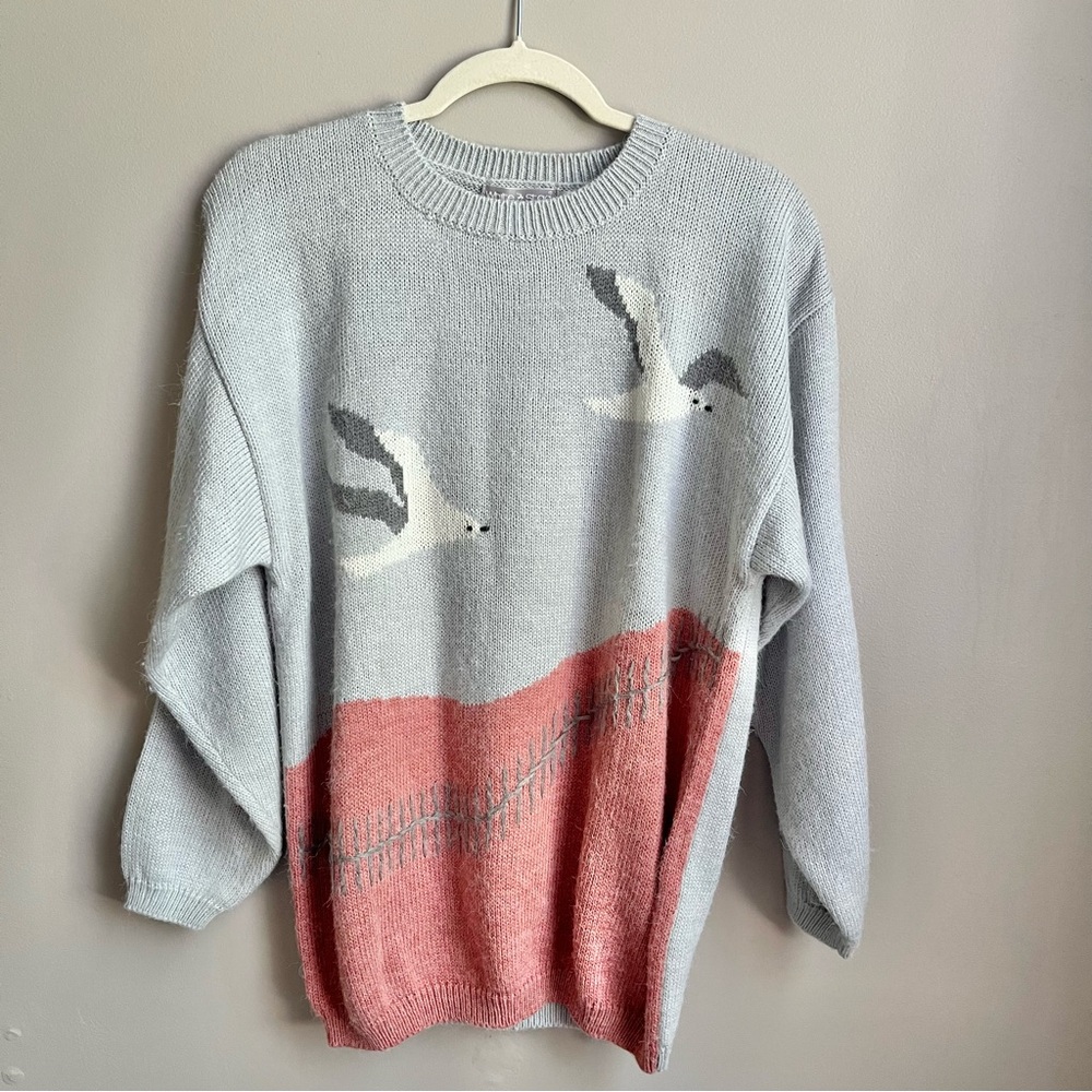 Light Blue & Rose Pink Bird-Print Crew Neck Sweater